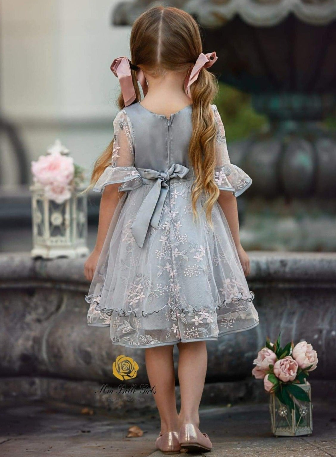 Girls Grey Half Sleeve Flower Embroidered Ruffled Party Dress - Girls Spring Dressy Dress