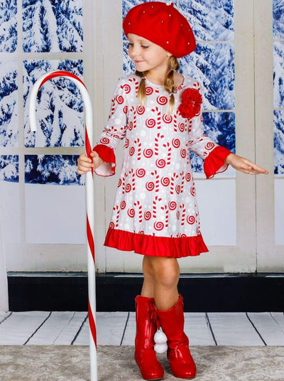 Girls Grey & Red Candy Cane Ruffled Hem and Sleeve Dress - Girls Christmas Dress
