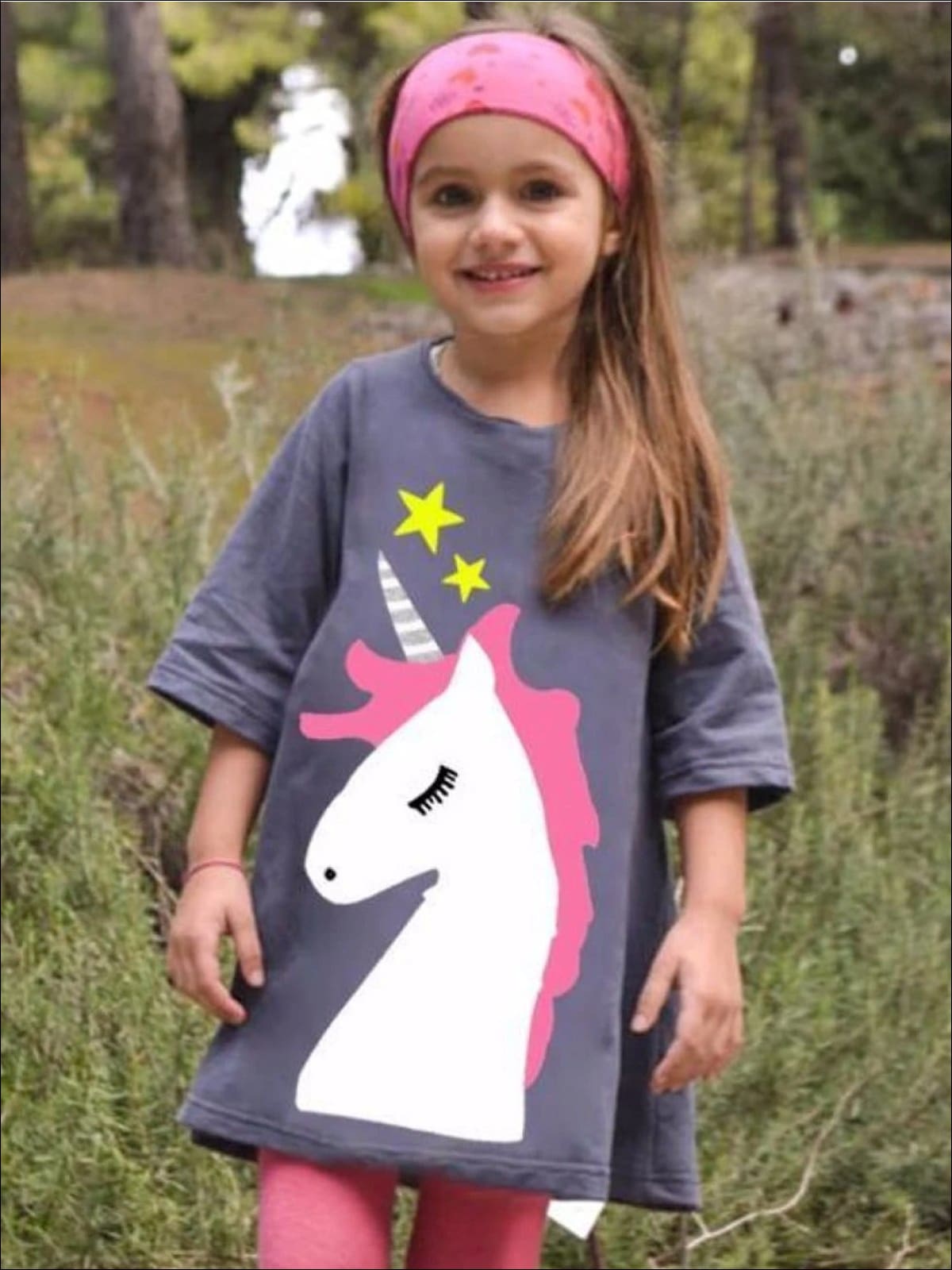 Girls Grey Unicorn Graphic Tunic Dress - Girls Spring Top