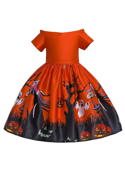 Girls Halloween Fancy Witches Pumpkins and Ghosts Gown - Orange / 4T - Girls Halloween Dress
