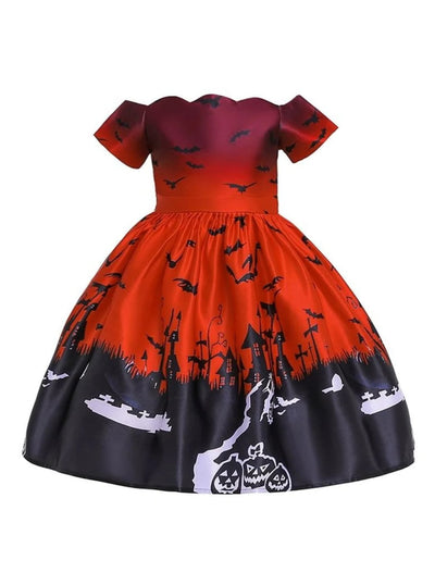 Girls Halloween Fancy Witches Pumpkins and Ghosts Gown - Red / 4T - Girls Halloween Dress