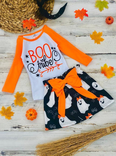 Little girls Halloween long raglan sleeve "Boo Tribe" graphic top with ghost print skirt finished with a large orange bow - Mia Belle Girls
