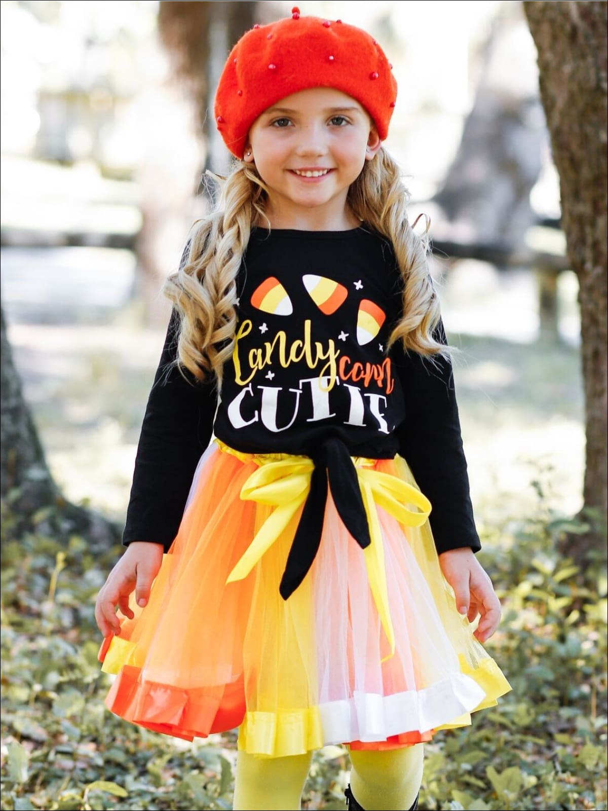 Girls Halloween long-sleeve knot-hem, "Candy Corn Cutie" graphic top with orange, yellow, and white tutu skirt with satin bow finish - Mia Belle Girls