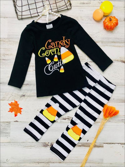 Girls Halloween Themed Candy Corn Cutie Long Sleeve Tunic & Striped Candy Corn Applique Leggings Set - Black / 2T - Girls Halloween Set