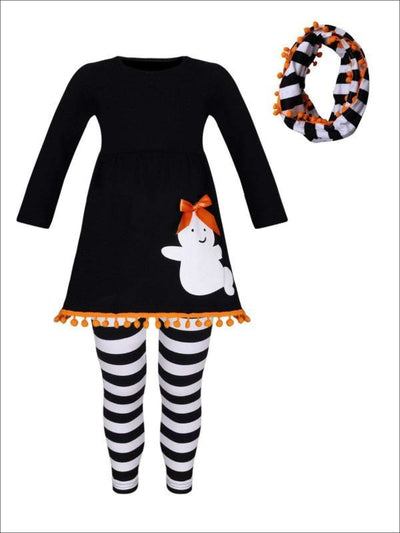 Girls Halloween Themed Ghost Long Sleeve Pom Pom Tunic Striped Leggings & Scarf Set - Girls Halloween Set