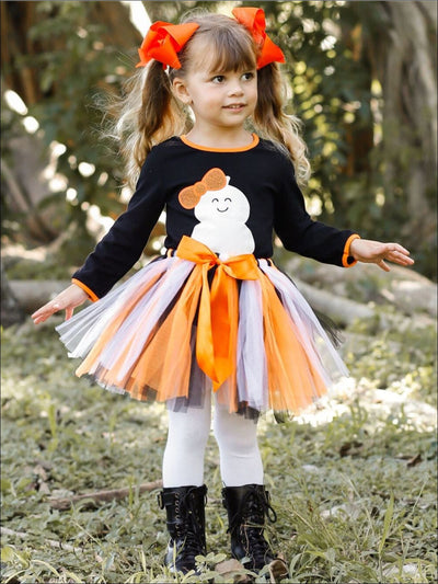 Girls Halloween Themed Ghost Print Long Sleeve Top & Bow Tutu Skirt Set - Girls Halloween Set