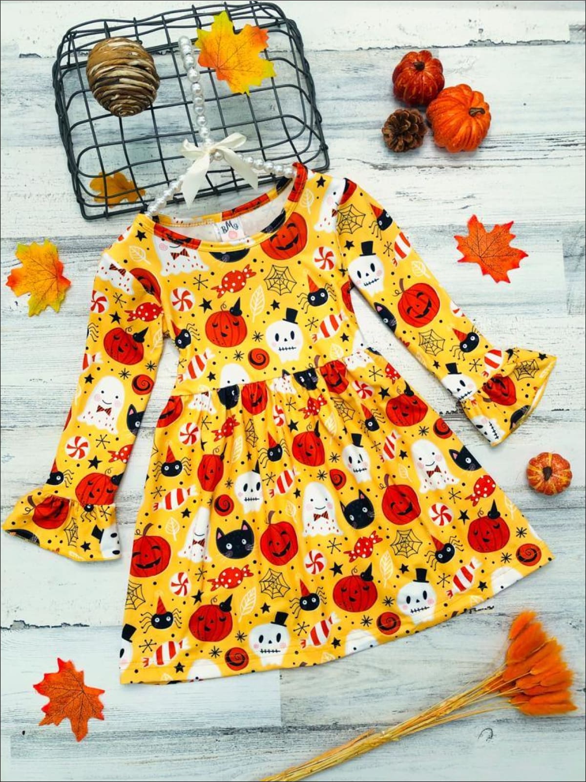Girls Halloween Themed Ghost Pumpkin Cat Print Ruffled Sleeve Dress - Orange / 3T - Girls Halloween Dress