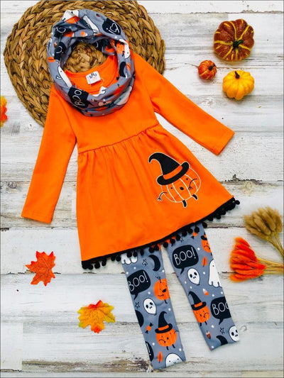 Girls Halloween Themed Long Sleeve Pom Pom Pumpkin Witch Tunic Spooky Leggings and Scarf Set - Orange / 3T - Girls Halloween Set