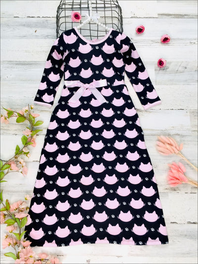 Girls Casual Fall Dresses | Cat Print Maxi Dress - Mia Belle Girls