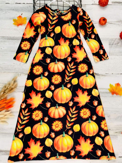 Girls Halloween Themed Long Sleeve Printed Maxi Dress - Girls Fall Casual DressGirls Long Sleeve Pumpkin Printed Maxi Dress