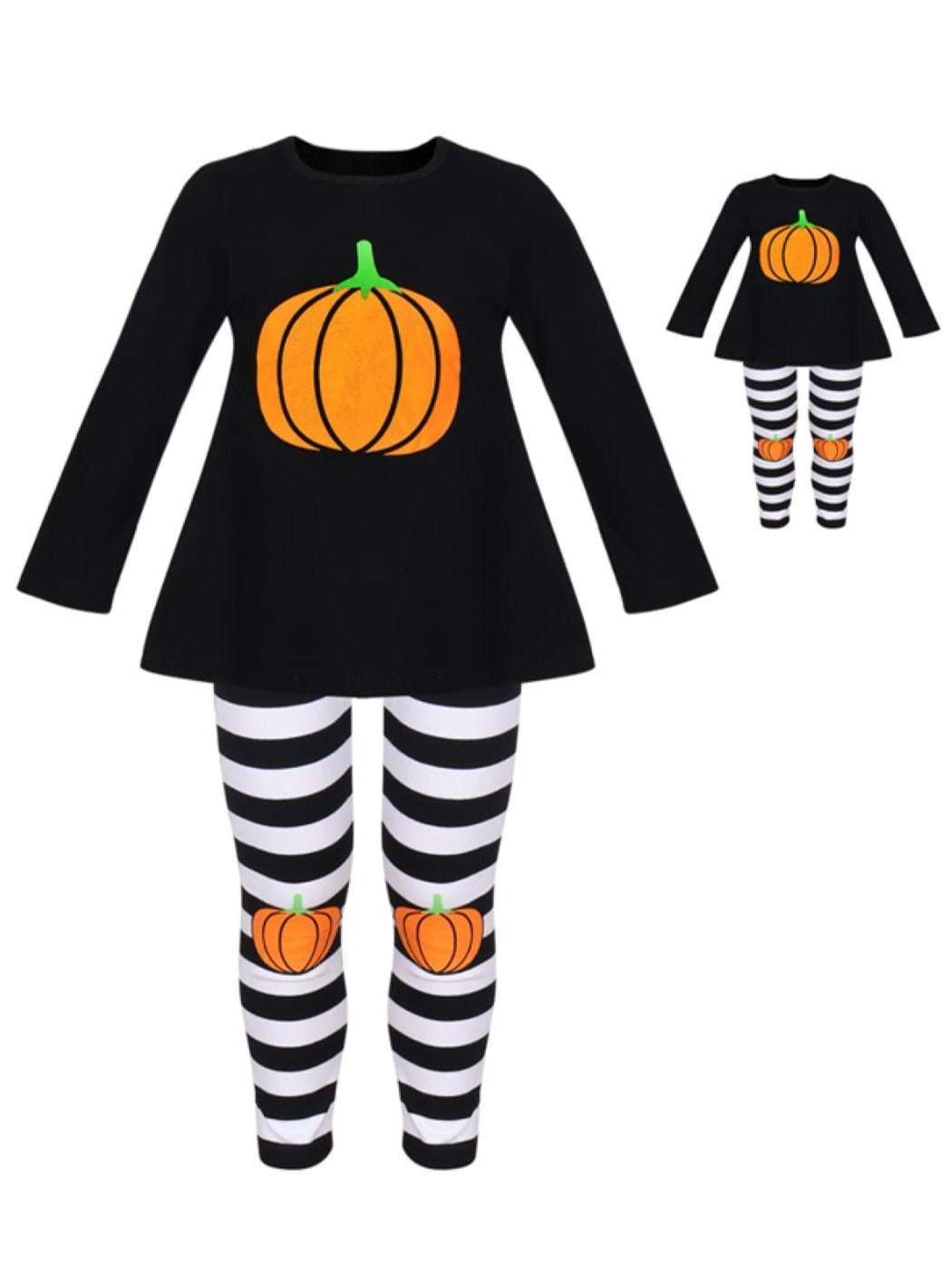 Girls Halloween Themed Long Sleeve Pumpkin Top & Striped Leggings Set with Matching Doll Set - Girls Fall Casual Set