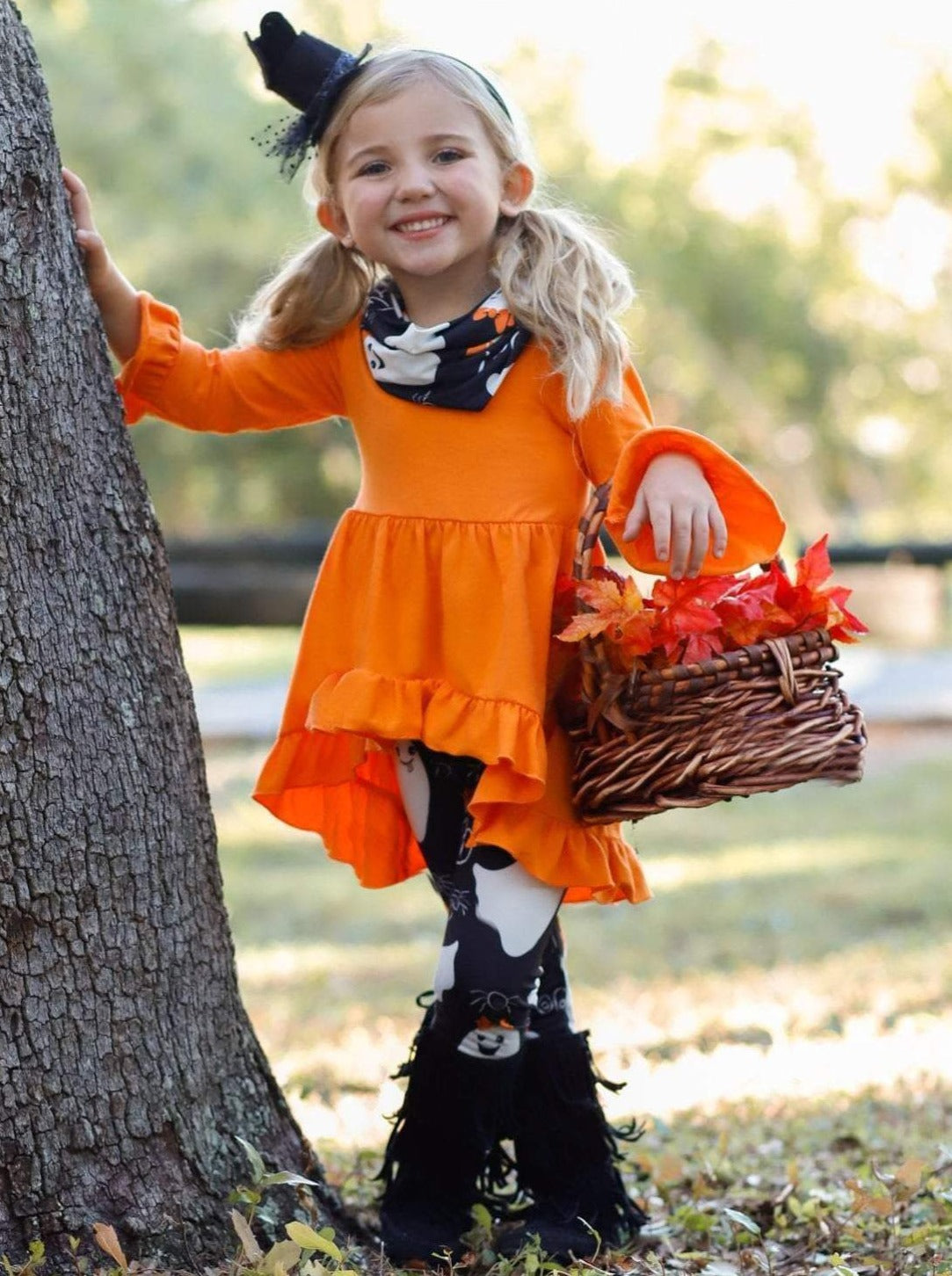 Girls Halloween Themed Long Sleeve Ruffled Tunic Ghost Print Leggings & Scarf Set - Orange / XS-2T - Girls Halloween Set