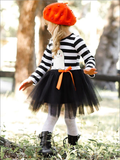 Girls Halloween Themed Long Sleeve Striped Ghost Print Tutu Dress - Girls Halloween Dress