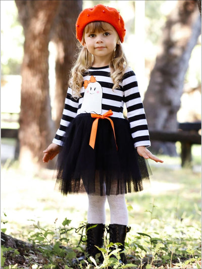 Girls Halloween Themed Long Sleeve Striped Ghost Print Tutu Dress - Black / 2T - Girls Halloween Dress