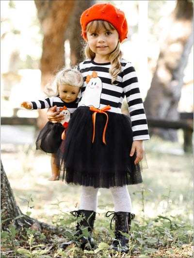 Girls Halloween Themed Long Sleeve Striped Ghost Print Tutu Dress & Matching Doll Dress Set - Girls Halloween Dress