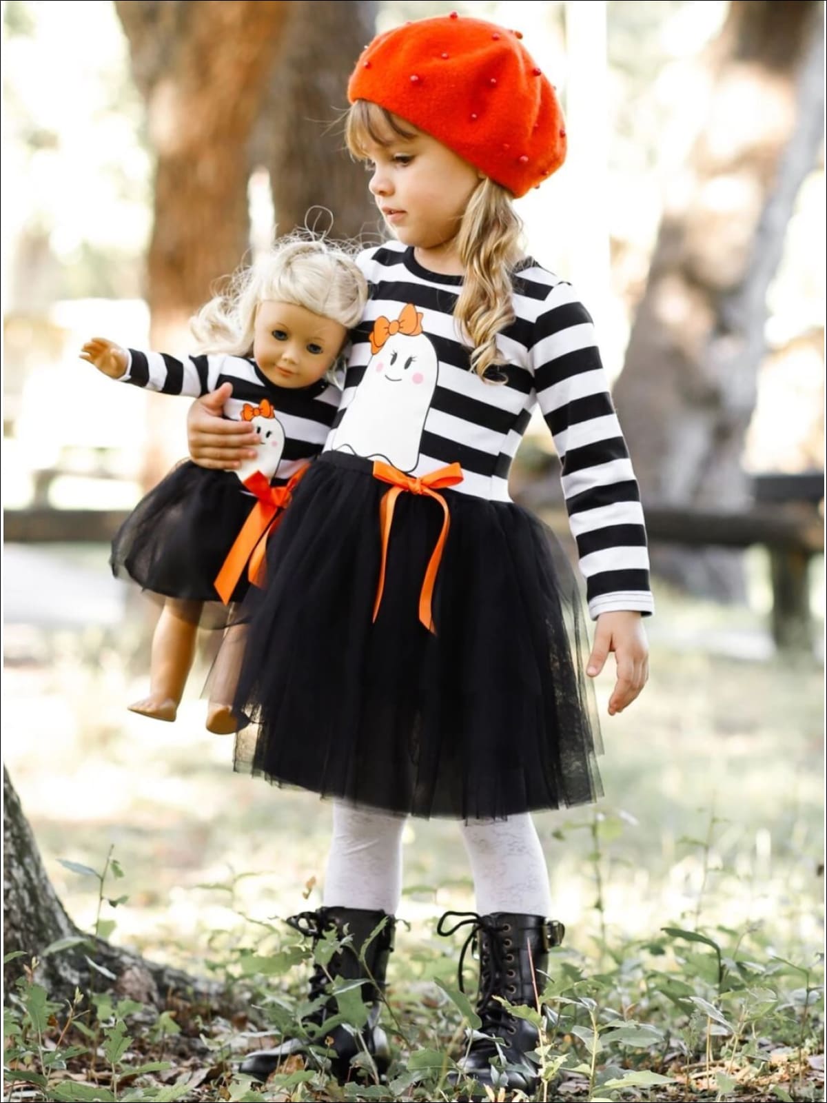Girls Halloween Themed Long Sleeve Striped Ghost Print Tutu Dress & Matching Doll Dress Set - Girls Halloween Dress