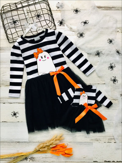 Girls Halloween Themed Long Sleeve Striped Ghost Print Tutu Dress & Matching Doll Dress Set - Black / 2T - Girls Halloween Dress