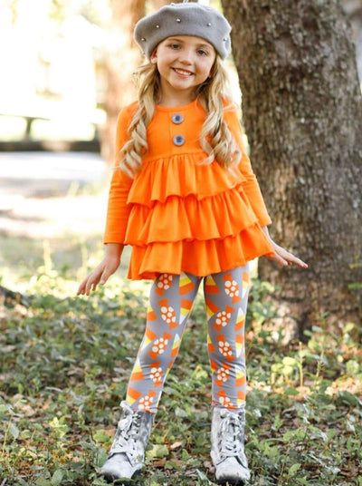 Girls Halloween Themed Long Sleeve Tiered Buttoned Tunic & Printed Leggings - Girls Fall Casual Set
