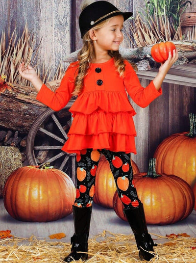 Girls Halloween Themed Long Sleeve Tiered Buttoned Tunic & Printed Leggings - Girls Fall Casual Set