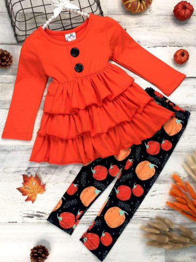 Girls Halloween Themed Long Sleeve Tiered Buttoned Tunic & Printed Leggings - Orange / 2T - Girls Fall Casual Set