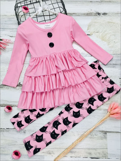 Girls Halloween Themed Long Sleeve Tiered Buttoned Tunic & Printed Leggings - Pink / 2T - Girls Fall Casual Set