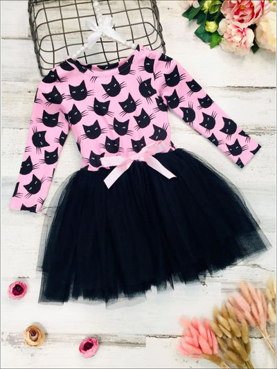 Girls Halloween Themed Long Sleeve Tutu Dress Dress with Bow - Pink / 2T - Girls Fall Casual Dress