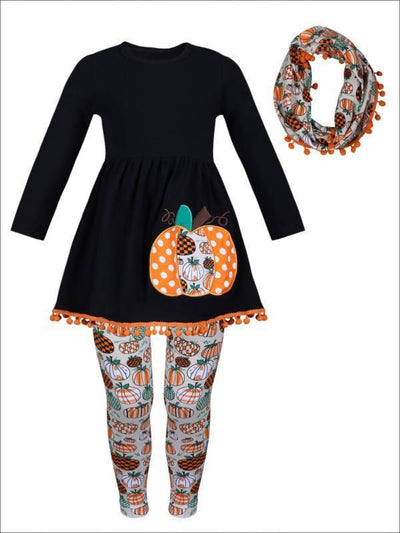 Girls Halloween Themed Pumpkin Printed Long Sleeve Pom Pom Tunic Leggings & Scarf Set - Girls Fall Casual Set