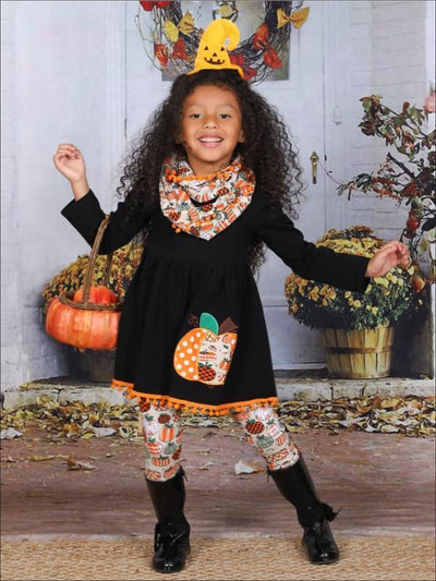 Girls Halloween Themed Pumpkin Printed Long Sleeve Pom Pom Tunic Leggings & Scarf Set - Girls Fall Casual Set