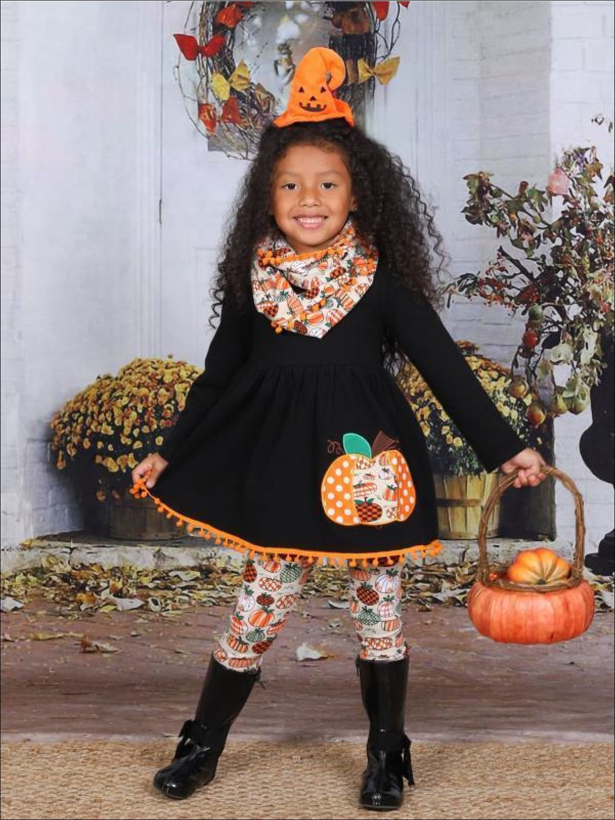 Girls Halloween Themed Pumpkin Printed Long Sleeve Pom Pom Tunic Leggings & Scarf Set - Black / S-3T - Girls Fall Casual Set