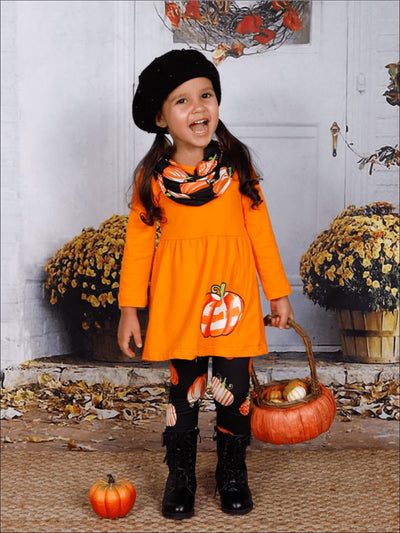 Girls Halloween Themed Pumpkin Printed Long Sleeve Tunic Leggings & Scarf Set - Orange / S-3T - Girls Fall Casual Set