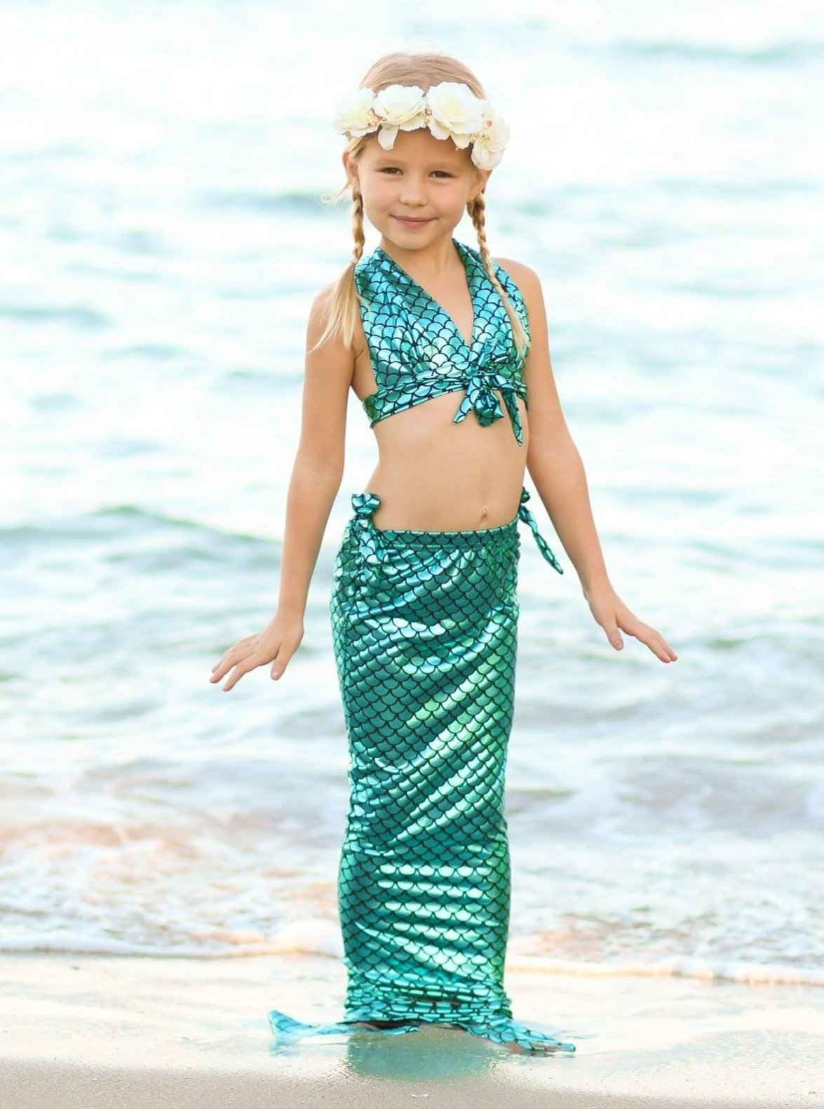 Girls Halter Top Side Tie Mermaid Bikini With Tail Skirt Cover Up - Girls Mermaid Swimsuit