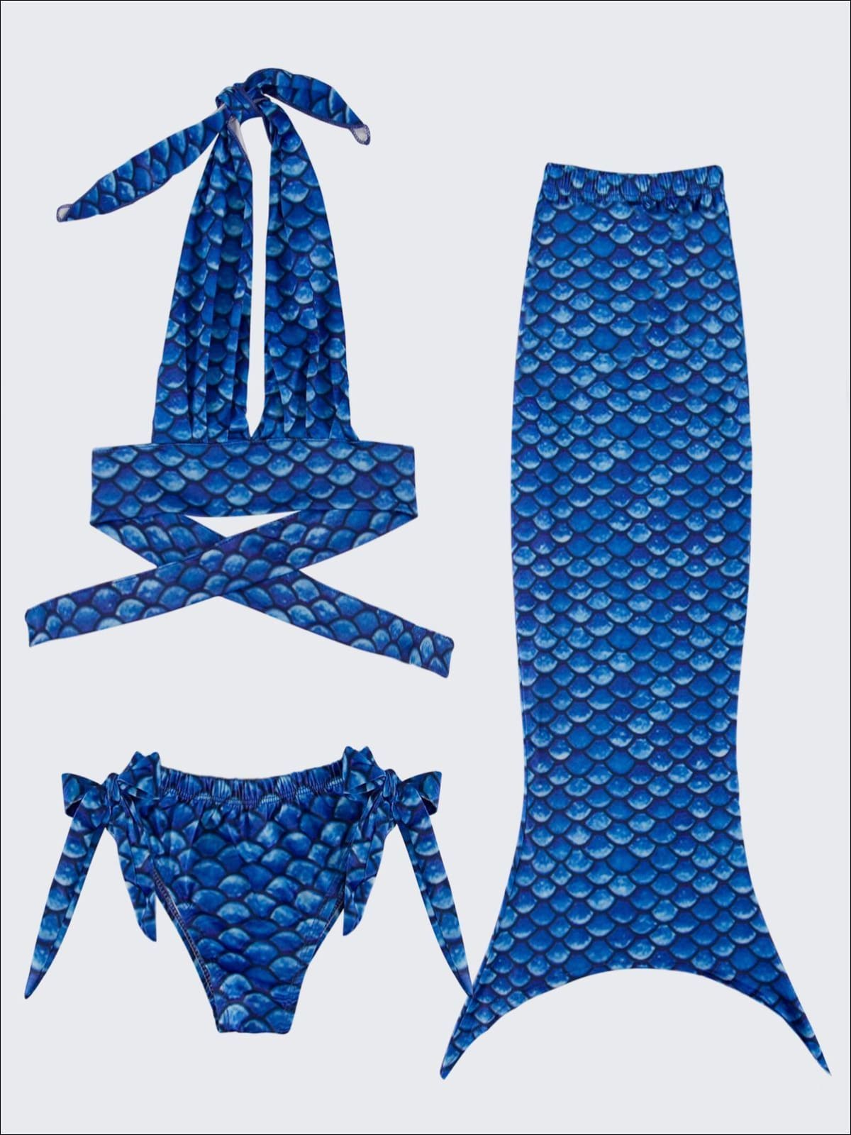 Girls Halter Top Side Tie Mermaid Bikini With Tail Skirt - Girls Mermaid Swimsuit
