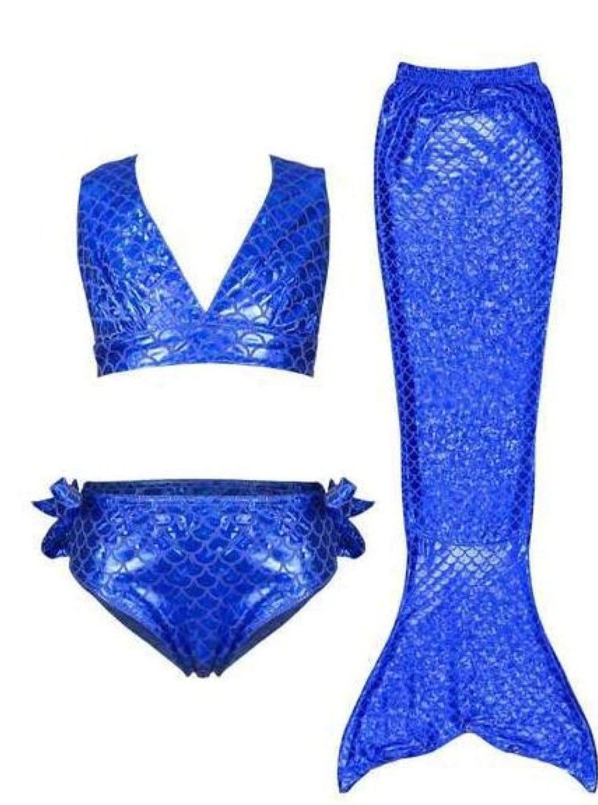 Girls Halter Top Side Tie Mermaid Bikini With Tail Skirt Cover Up - Blue / 4T - Girls Mermaid Swimsuit
