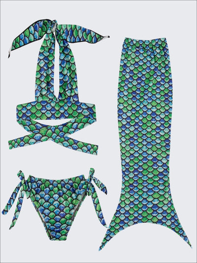 Girls Halter Top Side Tie Mermaid Bikini With Tail Skirt - Blue/Green / 3T - Girls Mermaid Swimsuit
