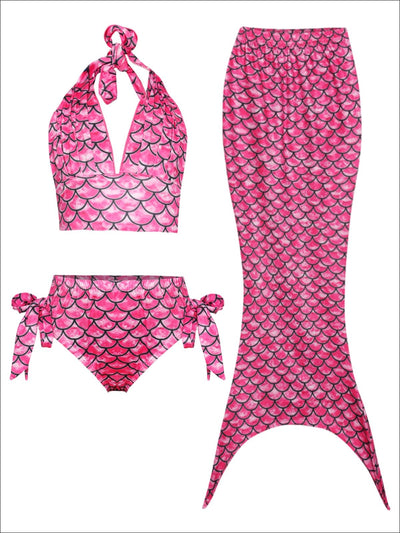 Girls Halter Top Side Tie Mermaid Bikini With Tail Skirt Cover Up - Girls Mermaid Swimsuit