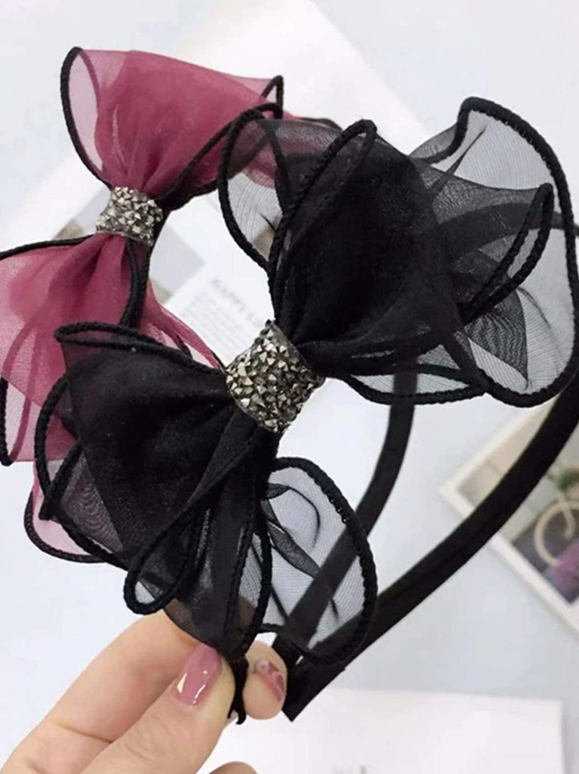 Girls Handmade Lace Bow Headband With Crystal Embellished Knot - Hair Accessories