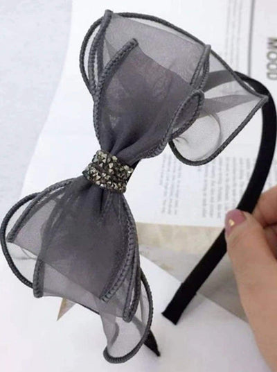 Girls Handmade Lace Bow Headband With Crystal Embellished Knot - Gray - Hair Accessories