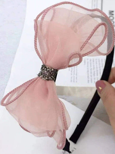Girls Handmade Lace Bow Headband With Crystal Embellished Knot - Pink - Hair Accessories
