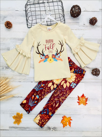 Girls Happy Fall Yall Floral Reindeer Print Bell Sleeve Top & Floral Leggings Set - Burgundy / 10Y - Girls Fall Casual Set