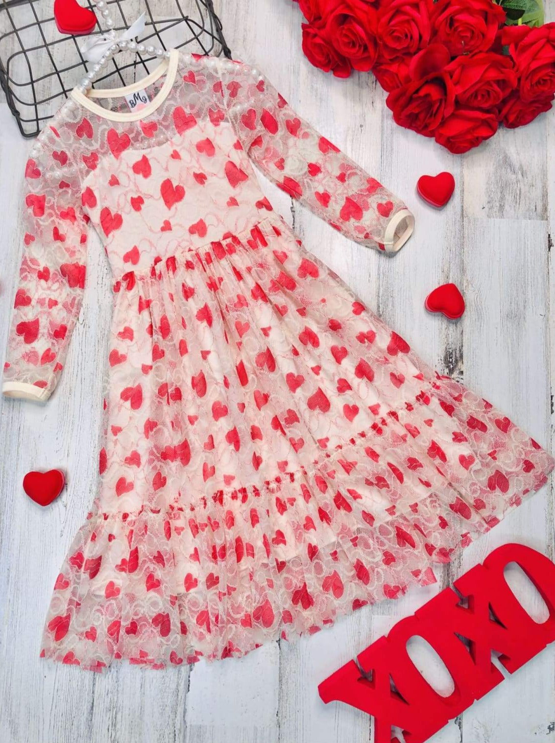 Toddler Valentine's Day Dress | Girls Long Sleeve Heart Lace Dress