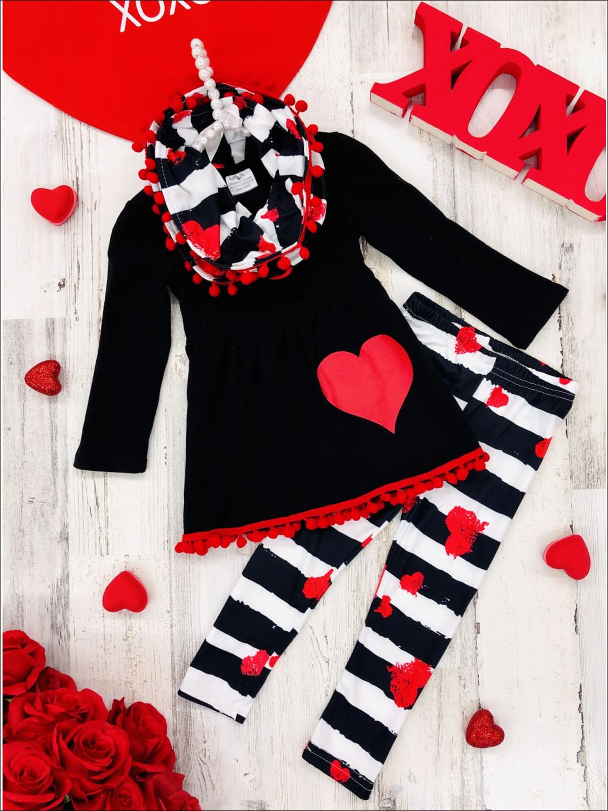 Girls Heart Pom Pom Tunic Striped Leggings and Scarf Set - Red / 2T - Girls Fall Casual Set