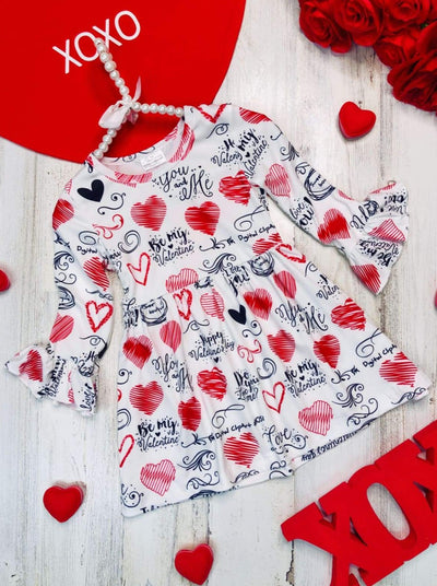 Girls Heart Print and Love Sayings Ruffled Dress - White / 2T - Girls Fall Casual Dress