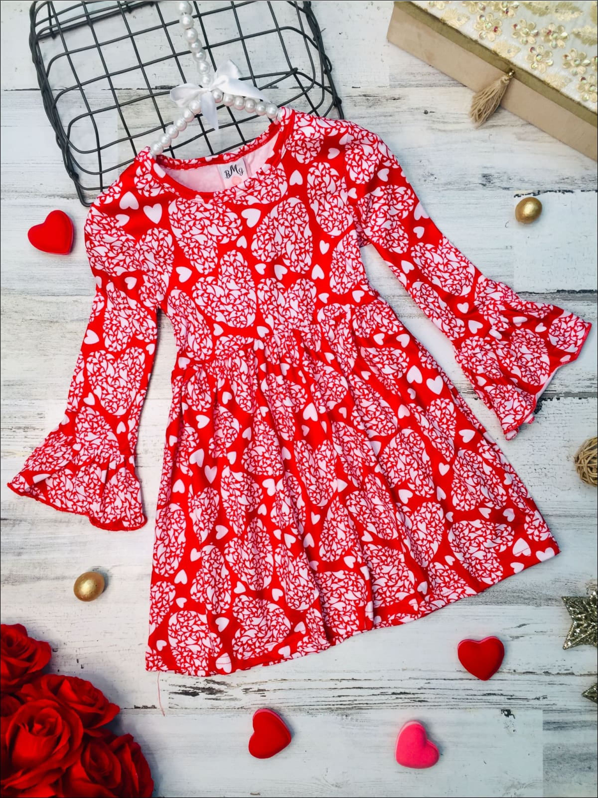 Girls Heart Print Ruffled Dress - 4T/5Y / Red - Girls Fall Casual Dress