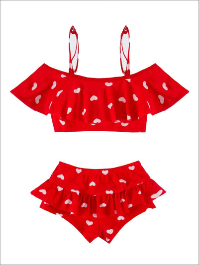 Girls Heart Print Ruffled Off the Shoulder Skirted Two Piece Swimsuit - Girls Two Piece Swimsuit