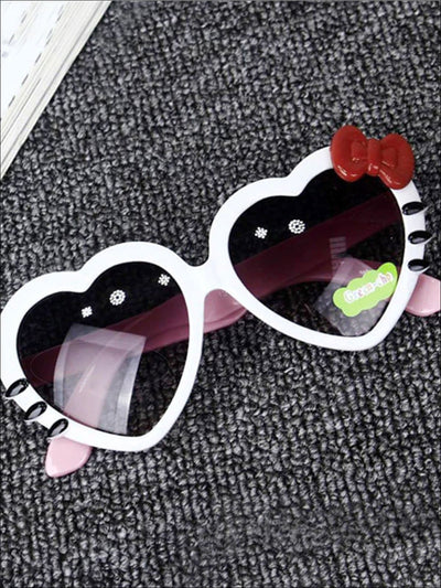 Girls Heart Shaped Sunglasses With Bow - White - Girls Accessories