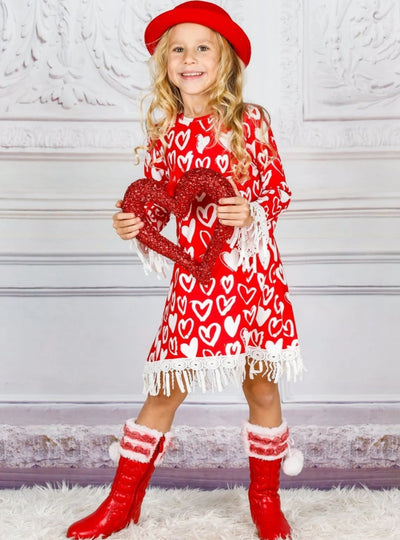 Valentine's Day Dress | Little Girls Heart Print Tassel Hem Dress
