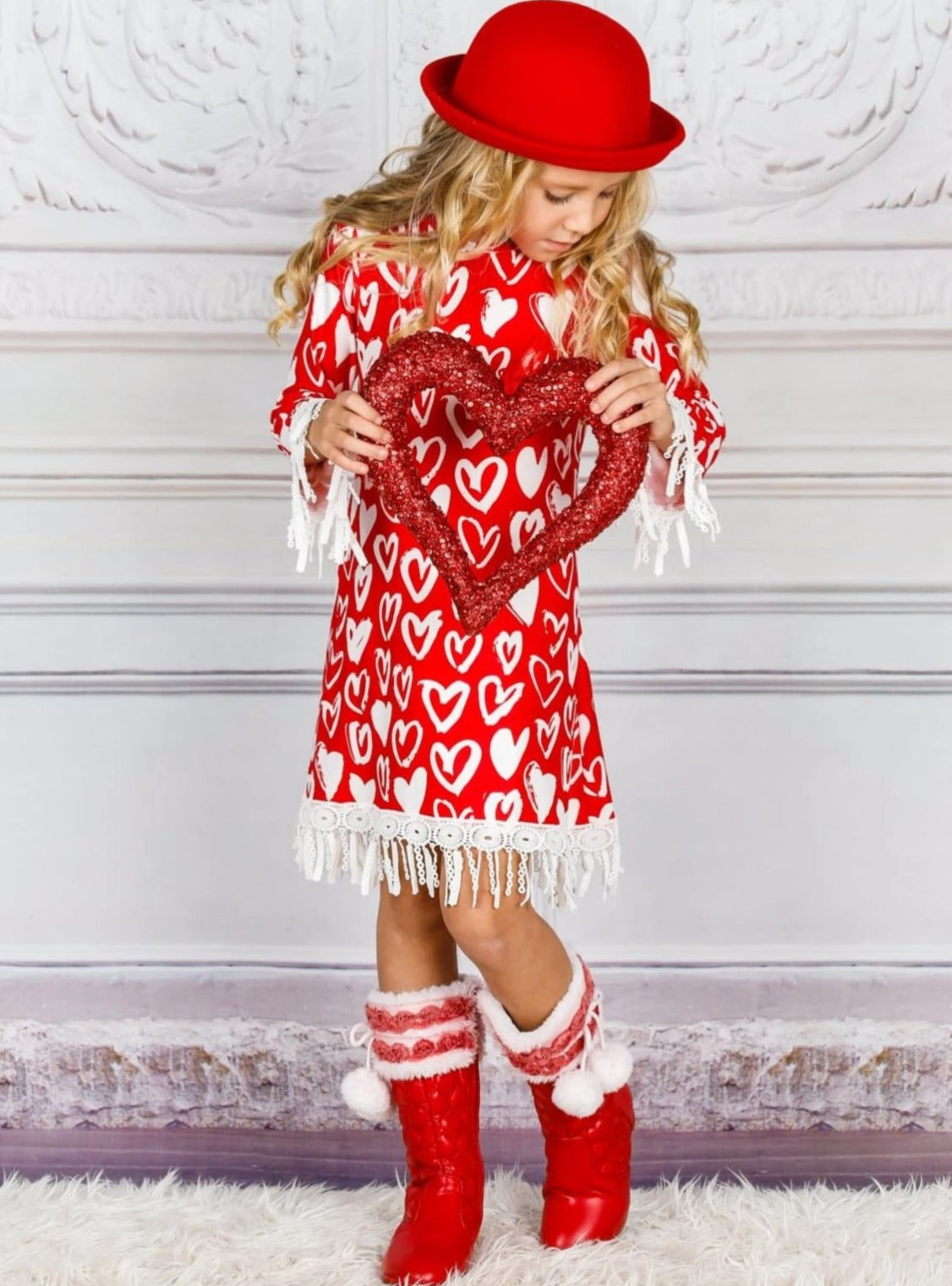 Valentine's Day Dress | Little Girls Heart Print Tassel Hem Dress