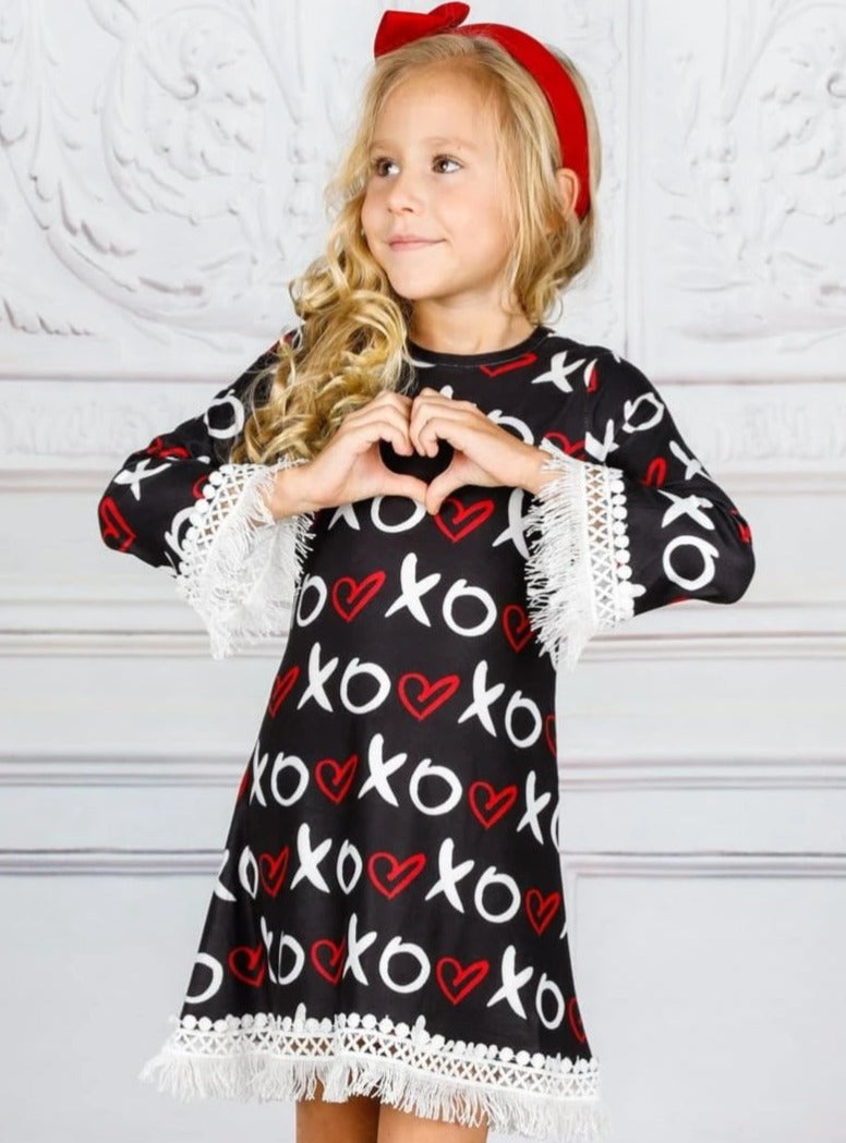 Kids Valentine's Clothes | Girls XO Heart Print Crochet Trim Dress 