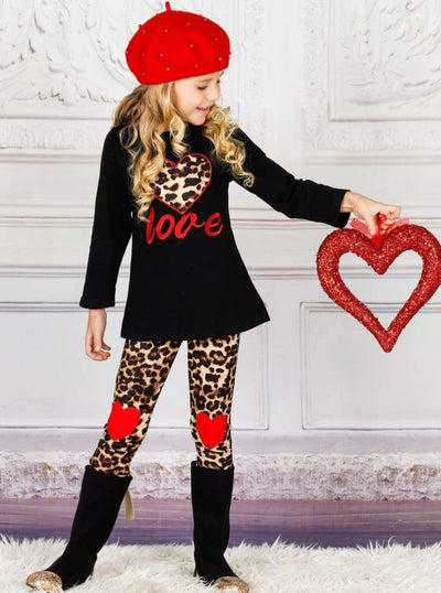 Girls Valentine's Outfit | Leopard Print Top & Heart Patch Legging Set