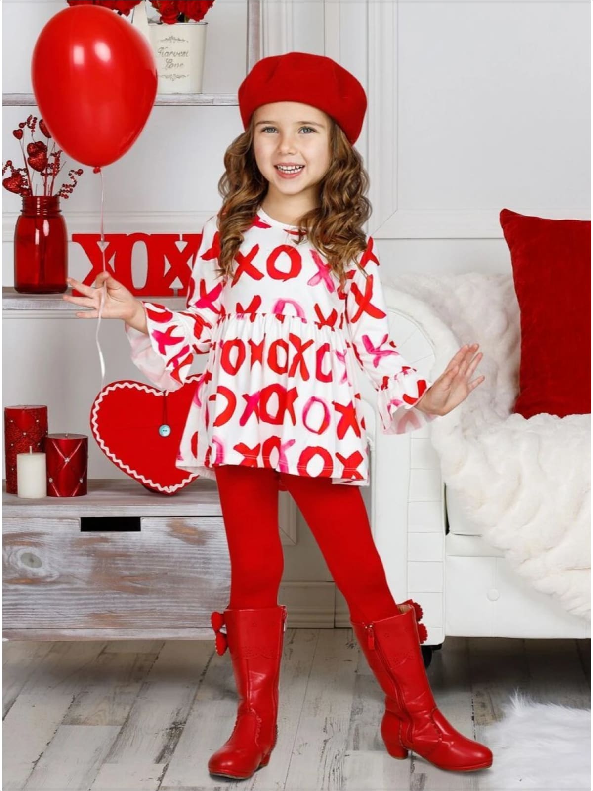 Girls Heart Themed Ruffled Sleeve Tunic and Leggings Set - Pink / 2T/3T - Girls Fall Casual Set